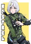  artist_name brown_eyes call_of_duty call_of_duty:_mobile character_name facial_mark gloves green_jacket highres holding holding_knife jacket karambit kestrel_(call_of_duty:_mobile) knife oyenpaws short_hair tagme two-tone_background white_hair 