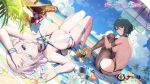  2girls arms_up ass azur_lane back bare_arms bare_back bare_shoulders beach beach_mat beach_umbrella bikini bird black_choker blue_eyes breasts bridal_garter brown_pantyhose chick choker coconut day dead_or_alive dead_or_alive_xtreme drinking_straw dutch_angle fishnet_pantyhose fishnets from_behind fruit_cup green_eyes green_hair knees_up large_breasts long_hair looking_at_viewer looking_back luna_(doa) luna_(venus_of_the_beach)_(doa) lying manjuu_(azur_lane) mole mole_under_eye multiple_girls official_alternate_costume official_art on_back outdoors pantyhose pink_hair short_hair sideboob sitting skindentation swimsuit tamaki_(doa) tamaki_(venus_shower_time)_(doa) thighs umbrella wet white_bikini white_hair yuri_(chocho_q) 