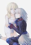  1boy 1girl blonde_hair blue_eyes chain collar commentary_request dress gloves grey_hair hair_between_eyes hand_on_another&#039;s_thigh highres holding holding_collar holding_hands kingdom_hearts kingdom_hearts_ii kneeling looking_at_viewer medium_hair namine nishinsobha open_mouth riku_(kingdom_hearts) riku_replica sitting spiked_hair sundress white_background white_dress 