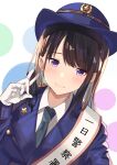  1girl absurdres badge black_hair blush closed_mouth dot_nose gloves grey_necktie hand_up hat highres idolmaster idolmaster_shiny_colors kazano_hiori kodak long_hair looking_at_viewer mole mole_under_mouth necktie police police_hat police_uniform policewoman polka_dot polka_dot_background purple_eyes sash shirt shoulder_sash solo star_(symbol) uniform v white_gloves white_shirt 