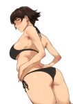  1girl absurdres arado_balanga_(xchd7538) back bare_shoulders bikini black_bikini blush braid breasts brown_hair closed_mouth crown_braid dutch_angle embarrassed hands_on_own_hips highres large_breasts niijima_makoto persona persona_5 red_eyes short_hair sideboob simple_background solo swimsuit underboob white_background 