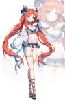  1girl absurdres breasts detached_sleeves fake_horns genshin_impact highres horns jewelry long_hair looking_at_viewer medium_breasts navel nilou_(genshin_impact) puffy_detached_sleeves puffy_sleeves red_hair smile solo stomach swimsuit twintails ugwa 