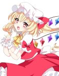  1girl absurdres back_bow blonde_hair bow bowtie chiyori_(soleilandiris) collared_shirt cowboy_shot crystal flandre_scarlet frilled_bowtie from_side hair_between_eyes hand_on_own_arm happy head_tilt highres index_finger_raised large_bow long_hair looking_at_viewer looking_to_the_side multicolored_wings one_side_up open_mouth puffy_short_sleeves puffy_sleeves red_bow red_eyes red_skirt red_vest shirt short_sleeves skirt skirt_set sleeve_bow solo touhou vest white_background white_bow white_headwear white_shirt wings wrist_cuffs yellow_bow yellow_bowtie 