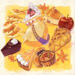  apple armadillo artist_name butter cake cake_slice character_name dated dessert food fruit highres john_(kyuuketsuki_sugu_shinu) kinmooookusei kyuuketsuki_sugu_shinu pancake pie sash solo syrup yellow_background 