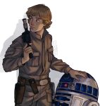  1boy 1other artist_name astromech_droid belt blonde_hair blue_eyes brown_belt brown_jumpsuit gun highres holding holding_gun holding_weapon jumpsuit lauren_illustrated looking_to_the_side luke_skywalker r2-d2 shadow short_hair simple_background star_wars star_wars:_the_empire_strikes_back weapon weapon_request white_background 