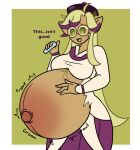 anthro bellflower_cookie belly big_belly bodily_fluids bundle-of-kinks clothing cookie_(cookie_run) cookie_run expansion female hi_res humanoid_pointy_ears hyper hyper_belly inflation potion potion_bottle rumbling_stomach solo sweat sweatdrop torn_clothing vial 