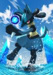  absurdres cloud commentary_request day energy_ball full_body highres kaichi_(tomiyu25) looking_at_viewer lucario outdoors pokemon pokemon_(creature) red_eyes ripples signature sky solo splashing water yellow_fur 