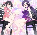 2girls absurdres bead_bracelet beads black_hair blush bracelet breasts china_dress chinese_clothes cleavage cleavage_cutout clothing_cutout commentary_request double_bun dress floral_background floral_print green_eyes hair_bun high_heels highres hugging_own_legs jewelry large_breasts looking_at_viewer love_live! love_live!_school_idol_festival low_twintails multiple_girls on_chair open_mouth purple_hair red_eyes side_slit signature sitting smile teeth toujou_nozomi twintails upper_teeth_only white_footwear yazawa_nico zero-theme 