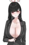  1girl alracoco averting_eyes black_hair black_jacket blazer blue_archive breasts cleavage collarbone halo highres huge_breasts jacket long_hair no_shirt red_eyes rio_(blue_archive) simple_background solo straight_hair upper_body very_long_hair white_background 