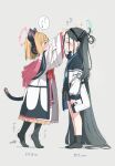  2girls absurdly_long_hair animal_ear_headphones animal_ears animal_hood aris_(blue_archive) arm_up arrow_(symbol) black_hairband black_skirt black_socks black_thighhighs blue_archive bow collared_shirt commentary_request fake_animal_ears gomennasai grey_background hairband halo headpat headphones height_difference highres hood hood_down hooded_jacket jacket long_hair long_sleeves momoi_(blue_archive) multiple_girls no_shoes one_side_up open_clothes open_jacket pleated_skirt puffy_long_sleeves puffy_sleeves red_bow shadow shirt simple_background skirt sleeves_past_wrists socks tail thighhighs tiptoes trembling very_long_hair white_jacket white_shirt wide_sleeves 
