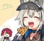  2girls animal_ears arknights blue_gloves blue_jacket blush_stickers brown_shirt character_name collared_shirt energy_wings exusiai_(arknights) food fork gloves grani_(arknights) grey_hair hair_over_one_eye halo heart holding holding_fork infection_monitor_(arknights) jacket long_hair maguro_kan multiple_girls open_mouth pie pie_slice red_hair shirt short_hair smile teeth upper_teeth_only white_background white_jacket yellow_background yellow_eyes 
