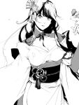  1girl armor bird bird_on_hand breasts cleavage flower genshin_impact greyscale hair_flower hair_ornament japanese_clothes kimono lebruitestmoi long_hair monochrome obi parted_lips petals raiden_shogun sash short_kimono shoulder_armor solo 