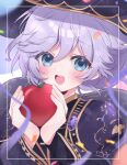  1boy amimia_zaxtuta androgynous apple blue_eyes blush epel_felmier food fruit hat highres holding holding_food holding_fruit light_purple_hair long_sleeves male_focus open_mouth short_hair smile solo teeth twisted_wonderland witch_hat 
