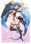  1girl angel_wings asymmetrical_wings bare_shoulders black_leotard black_thighhighs blue_hair blush boots bow breasts center_opening choker cleavage detached_sleeves dizzy_(guilty_gear) fanbox_username feathered_wings floating from_side full_body guilty_gear guilty_gear_x guilty_gear_xx hair_ribbon hair_rings large_breasts leotard long_hair looking_at_viewer midriff monster_girl navel open_mouth outstretched_arms pink_eyes reaching reaching_towards_viewer red_eyes red_nails revealing_clothes ribbon sidelocks smile solo sparkle_background tail tail_bow tail_ornament tail_ribbon thighhighs twintails underboob very_long_hair virus-g white_footwear wings yellow_ribbon 