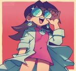  1girl absurdres adjusting_eyewear breasts brown_hair coke-bottle_glasses earrings glasses highres jewelry lab_coat large_breasts long_hair long_sleeves mega_man_(series) mega_man_legends open_mouth round_eyewear skull_earrings smile solo speedoru teeth tron_bonne_(mega_man) upper_teeth_only 