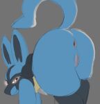  anthro ass_up butt canid canine digital_media_(artwork) female generation_4_pokemon genitals glowing glowing_eyes hi_res looking_at_viewer lucario mammal nintendo nude pokemon pokemon_(species) pussy simple_background smile smiling_at_viewer smirk smirking_at_viewer solo swoomy tail 