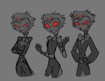  anthro avian bird bottomwear bow_(feature) clothing collar crossed_arms formal_clothing formal_wear frown grey_background hair helluva_boss hi_res male owl owl_demon pants red_eyes short_hair simple_background smile solo standing stolas_(helluva_boss) teathekook 
