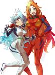  2girls :o araizumi_rui_(style) ayanami_rei blue_eyes bodysuit breasts fusion gloves hand_on_own_hip hayashibara_megumi head_tilt highres ichi_orgin interface_headset large_breasts lina_inverse long_hair looking_at_viewer looking_to_the_side multiple_girls naga_the_serpent neon_genesis_evangelion open_mouth orange_hair plugsuit red_eyes red_gloves slayers small_breasts smile souryuu_asuka_langley very_long_hair voice_actor_connection white_bodysuit whtie_gloves 