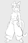  2023 a_kitty_bobo_show anthro baggy_pants bottomwear breasts clothed clothing digital_drawing_(artwork) digital_media_(artwork) domestic_cat felid feline felis female footwear gold-white-kott grey_background greyscale hair hi_res maggie_(kitty_bobo) mammal medium_breasts monochrome pants simple_background socks solo standing 