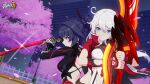  2girls ahoge back bangs black_hair blue_eyes breasts closed_mouth clothing_cutout falling_petals fighting_stance high_ponytail highres holding holding_sword holding_weapon honkai_(series) honkai_impact_3rd japanese_clothes kiana_kaslana kiana_kaslana_(valkyrie_ranger) large_breasts logo makeup multiple_girls navel navel_cutout official_alternate_costume official_art official_wallpaper petals ponytail purple_eyes raiden_mei raiden_mei_(danzai_spectramancer) serious sparkle sword tree upper_body v-shaped_eyebrows weapon white_hair 