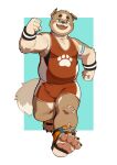  2023 absurd_res anthro belly black_claws black_nose blush canid canine canis claws clothing domestic_dog enokorogusa2 fur hi_res looking_at_viewer male mammal pawpads running smile smiling_at_viewer solo stocky tan_body tan_fur tight_clothing wrestling_outfit wrestling_singlet 