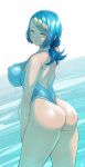  1girl absurdres ass back blue_eyes blue_hair blue_one-piece_swimsuit born-to-die breasts highleg highleg_swimsuit highres lana&#039;s_mother_(pokemon) large_breasts light_smile looking_at_viewer looking_back mature_female one-piece_swimsuit pokemon pokemon_(game) pokemon_sm sideboob simple_background smile solo swimsuit thighs water wedgie wet wet_clothes 