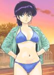  1980s_(style) 1girl aqua_eyes aqua_shirt arms_behind_back ayukawa_madoka bikini blue_bikini breasts cleavage cloud cowboy_shot gradient_sky hair_between_eyes highres kimagure_orange_road legs_apart looking_to_the_side medium_breasts mizumori_keiichi multicolored_sky open_clothes open_shirt orange_sky parted_lips pink_sky pool_ladder poolside purple_hair purple_sky retro_artstyle shirt short_hair sky solo standing swimsuit tree twilight water yellow_sky 