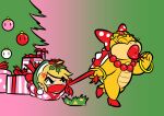  accessory angry anthro blonde_hair bow_ribbon christmas christmas_tree clothing crossover duo female footwear gag gagged gift gift_wrapped hair hair_accessory hair_bow hair_ribbon holidays humanoid humanoid_pointy_ears hylian jewelry koopa koopaling lipstick makeup male mario_bros necklace nintendo orangechocobo plant ribbons scalie simple_background the_legend_of_zelda toon_link tree wendy_o._koopa wind_waker 