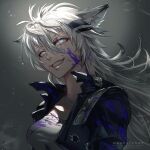  1girl animal_ears arknights artist_name blood blood_on_clothes blood_on_face blue_blood breasts clenched_teeth grey_eyes grey_hair grin head_tilt jacket lappland_(arknights) long_hair medium_breasts messy_hair open_clothes open_jacket scar scar_across_eye sharp_teeth smile solo teeth washuu watermark wolf_ears wolf_girl 