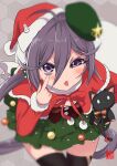  1girl :p ahoge akanbe akebono_(kancolle) capelet eyelid_pull finger_to_eye hair_ornament hat kantai_collection long_hair purple_eyes purple_hair red_capelet santa_costume santa_hat side_ponytail solo stuffed_animal stuffed_cat stuffed_toy sumeragi_hamao thighhighs tongue tongue_out very_long_hair 