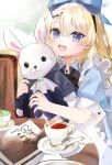  1girl :d absurdres alice_(black_souls) black_bow black_bowtie black_souls blonde_hair blue_bow blue_dress blue_eyes blush book bow bowtie cup dress english_commentary frilled_dress frills glint hair_between_eyes hair_bow hair_ornament highres long_hair looking_at_viewer pinafore_dress puffy_short_sleeves puffy_sleeves rabbit_hair_ornament saucer short_sleeves sleeveless sleeveless_dress smile solo stuffed_animal stuffed_rabbit stuffed_toy table tea teacup teaspoon upper_body wellski 