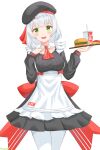  1girl absurdres apron ascot back_bow beret blunt_bangs bow braid breasts burger commentary cowboy_shot cup detached_collar disposable_cup dress drinking_straw fast_food food french_fries genshin_impact green_eyes hand_on_own_chest hat highres holding holding_tray kfc kyujuukyu long_sleeves looking_at_viewer medium_breasts noelle_(genshin_impact) noelle_(kfc)_(genshin_impact) open_mouth pantyhose short_hair smile solo tray waitress white_hair 
