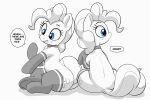  2023 blue_eyes butt choker clothing cutie_mark dialogue earth_pony english_text equid equine eyebrows female feral friendship_is_magic greyscale hair hasbro hi_res hooves horse jewelry legwear mammal mane monochrome my_little_pony necklace open_mouth open_smile pabbley pinkie_pie_(mlp) pony smile stockings tail text underhoof 