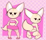  3_toes abstract_background absurd_res aggretsuko anthro blackmore butt canid canine clothing ear_piercing ear_ring feet female fennec fenneko footwear fox hi_res looking_back mammal navel panties piercing pink_clothing raised_tail ring_piercing sanrio shoes short_stack solo tail toes underwear 