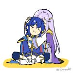  1boy 1girl blue_hair brother_and_sister circlet dress fire_emblem fire_emblem:_genealogy_of_the_holy_war hand_on_another&#039;s_head hug hug_from_behind julia_(fire_emblem) long_hair purple_hair seliph_(fire_emblem) siblings simple_background sitting yukia_(firstaid0) 