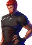  1boy bara beard black_shirt contrapposto cowboy_shot dark-skinned_male dark_skin facial_hair fate/zero fate_(series) hand_on_own_hip highres iskandar_(fate) large_pectorals looking_at_viewer ma2910ko male_focus mature_male muscular muscular_male pectorals red_eyes red_hair seductive_smile shirt short_hair smile solo turtleneck wrinkled_skin 