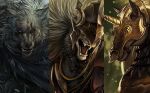  1other 2boys alicetarrandalf animal_head armor black_armor blaidd_the_half-wolf cloak covered_eyes dog_boy elden_ring fangs fur_cloak glowing glowing_eye gold_armor grey_fur helmet_over_eyes horns horse long_hair maliketh_the_black_blade multiple_boys plate_armor roaring scar tree_sentinel white_hair wolf_boy wolf_head 