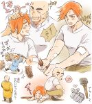  2boys bald blush brown_eyes closed_eyes commentary_request domas dorshe finger_heart hand_on_another&#039;s_head heart holding holding_stick kiyv_kiyu log looking_at_another male_focus multiple_boys multiple_views musical_note open_mouth orange_eyes orange_hair ousama_ranking pants scar scar_on_cheek scar_on_face shirt short_hair short_sleeves simple_background sitting sitting_on_person smile spoken_musical_note standing stick tears translation_request white_background white_shirt 