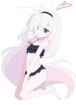  1girl absurdres alternate_costume bare_arms bare_legs bare_shoulders barefoot black_hairband blue_archive grey_eyes grey_hair hagoonha hairband highres long_hair multicolored_hair pink_hair plana_(blue_archive) simple_background swimsuit two-tone_hair white_background 