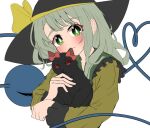  1girl aliz_wp514lov animal black_cat black_headwear blush bow cat closed_mouth collar eyelashes frilled_shirt_collar frilled_sleeves frills green_collar green_eyes green_hair hat hat_bow heart heart_of_string holding holding_animal holding_cat kaenbyou_rin kaenbyou_rin_(cat) komeiji_koishi long_sleeves looking_at_viewer medium_hair red_bow red_eyes simple_background smile third_eye touhou white_background yellow_bow 