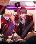  2boys black_gloves black_hair black_jacket black_shirt blonde_hair character_doll clenched_teeth collarbone collared_shirt constricted_pupils cowboy_shot crane_game frown gaeha_is glasses gloves grey_shirt hands_up highres jacket long_sleeves male_focus multiple_boys nicholas_d._wolfwood open_mouth partially_fingerless_gloves partially_unbuttoned pectoral_cleavage pectorals prosthesis prosthetic_arm red_jacket round_eyewear shirt short_hair standing sweatdrop teeth trigun trigun_stampede undercut v-shaped_eyebrows vash_the_stampede 