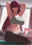  1girl absurdres alternate_costume armpits arms_up black_pants breasts dumbbell fate/grand_order fate_(series) grey_sports_bra highres indoors kakeku large_breasts long_hair looking_at_viewer pants parted_lips purple_hair red_eyes scathach_(fate) sitting solo sports_bra sportswear very_long_hair yoga_pants 