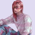  1boy blue_pants closed_mouth earrings green_eyes grey_background highres jewelry jojo_no_kimyou_na_bouken lips long_hair long_sleeves male_focus mask melone meron_nouka pajamas pants pink_hair pink_sweater simple_background solo sweater vento_aureo 