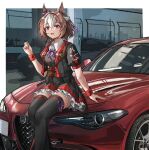  1girl alfa_romeo alfa_romeo_giulia animal_ears belt black_jacket black_skirt black_thighhighs black_vest bow braid car collared_shirt crown_braid ear_bow fr-ee-dom highres horse_ears horse_girl jacket looking_at_viewer motor_vehicle multicolored_hair neck_ribbon on_vehicle open_mouth purple_bow purple_eyes purple_ribbon red_belt red_car ribbon shirt short_hair sitting skirt smile solo special_week_(umamusume) streaked_hair thighhighs umamusume vest white_hair white_shirt wristband 