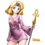  1girl ankh arm_at_side blonde_hair blue_eyes breasts closed_mouth collarbone copyright_name dress gem hair_intakes highres holding holding_staff legs_apart long_sleeves medium_breasts minamoto80486 pink_dress red_gemstone short_dress short_hair simple_background single_horizontal_stripe sister_(ultima_iii) smile solo staff standing thighs ultima ultima_iii:_exodus ultima_kyoufu_no_exodus white_background wide_sleeves 