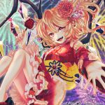  album_cover blonde_hair candy_apple check_commentary close-up commentary commentary_request cover crystal crystal_wings fangs fireworks flandre_scarlet floating floral_print flower flower_brooch food frilled_kimono frills geta hair_flower hair_ornament hikitsu_juusou holding holding_food japanese_clothes kimono looking_at_viewer medium_hair night official_alternate_costume official_art one_side_up reaching reaching_towards_viewer red_eyes red_kimono slit_pupils touhou touhou_cannonball wings yukata 