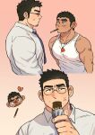  2boys anger_vein arm_behind_back bara black_hair blank_stare blush broken_heart chibi chibi_inset collared_shirt dark-skinned_male dark_skin earrings eating facial_hair food_in_mouth glasses goatee highres jewelry kim_liong_(shan) large_pectorals long_sideburns male_focus mature_male multiple_boys muscular muscular_male necktie original pectorals pocky_day pocky_in_mouth shan_(shanshankuo) shirt short_hair sideburns sweatdrop thick_eyebrows thick_thighs thighs topless_male tsi-ho_(shan) yaoi 