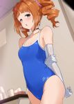  1girl absurdres arms_behind_back ass blue_eyes blue_one-piece_swimsuit blush breasts chestnut_mouth choker commentary cup disposable_cup elbow_gloves gloves half-closed_eyes heart heart_choker highleg highleg_swimsuit highres idolmaster idolmaster_(classic) indoors looking_at_viewer medium_hair one-piece_swimsuit orange_hair sidelocks small_breasts solo swimsuit table takatsuki_yayoi thighs tissue_box twintails twogie white_gloves 