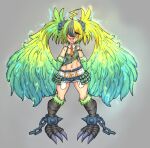 1girl alternate_design arm_tattoo bare_shoulders belt bird_legs blonde_hair blush breasts electricity fang feathered_wings feathers green_feathers green_wings grey_background harpy lightning_bolt_symbol looking_at_viewer monster_girl monster_girl_encyclopedia multicolored_hair navel necktie open_mouth orange_necktie pointy_ears small_breasts solo stomach_tattoo talons tattoo thunderbird_(monster_girl_encyclopedia) tongue tongue_out torn_tank_top triggerdex two-tone_hair two-tone_wings winged_arms wings yellow_feathers yellow_wings 