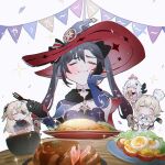  4girls chef_hat chibi choker crying fischl_(genshin_impact) food fork genshin_impact golden_crab_(genshin_impact) ham hand_on_own_face haragaita_i hardboiled_egg hat hat_ornament highres holding holding_fork lumine_(genshin_impact) mona_(genshin_impact) multiple_girls oz_(genshin_impact) paimon_(genshin_impact) ponytail_holder sparkle_print star_(symbol) star_choker twintails witch_hat 